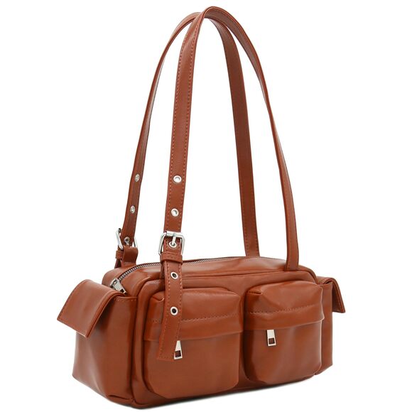Handbags - 4363 PU Leather Multiple Cargo Pockets Shoulder Bag Satchel Dark Tan